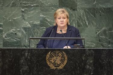 Erna Solberg speaks at the UN General Assembly. Credit: FN/Flickr