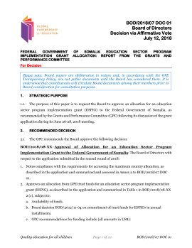 Request for Somalia program implementation grant. July 2018 